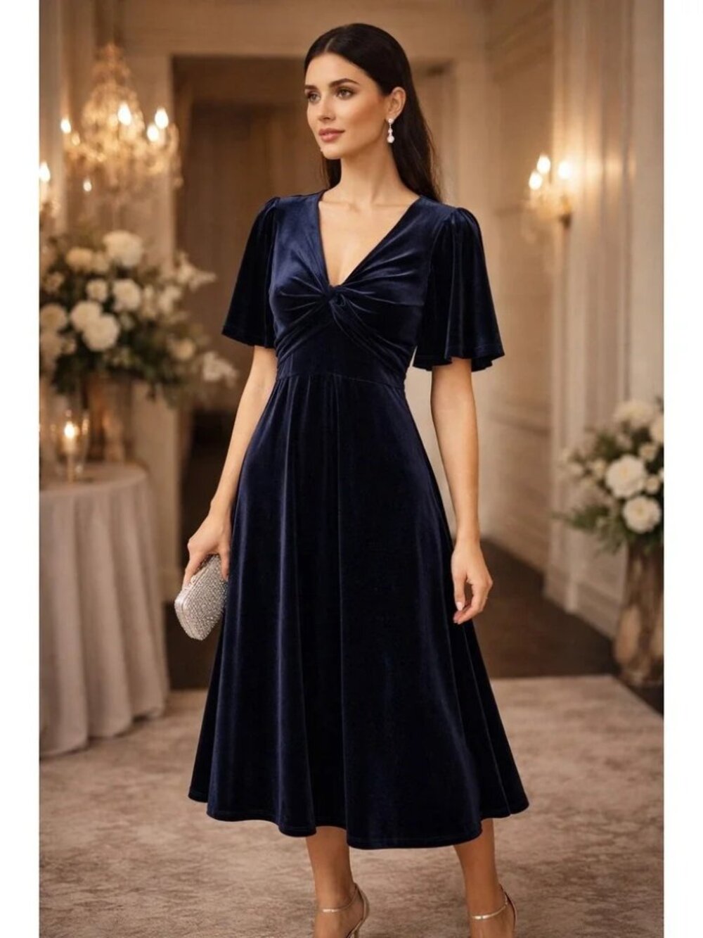 eShakti Navy Velvet Twist Front Flutter Sleeve Empire Waist Midi Dress M Elegant